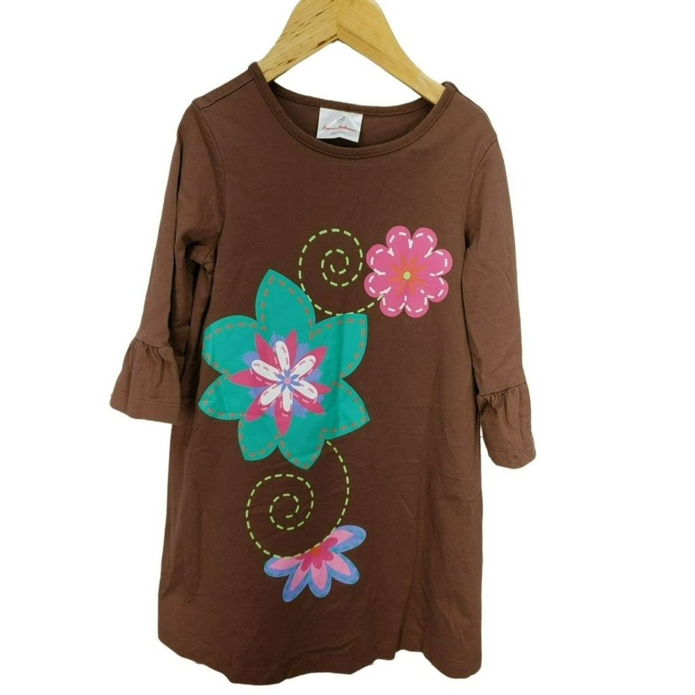Hanna Andersson Girls Brown 100% Cotton Casual Dress Flowers Tunic Dress Sz 110